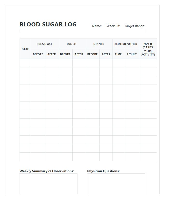 Comprehensive Printable Blood Sugar Log Chart