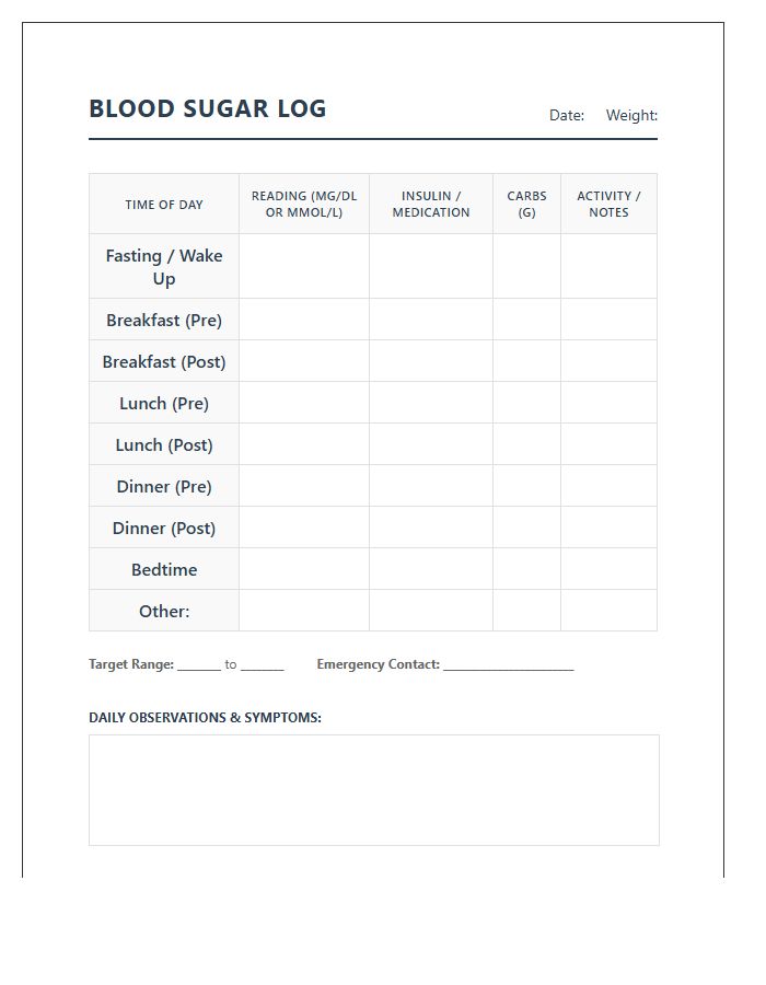 Daily Printable Blood Sugar Level Log Chart