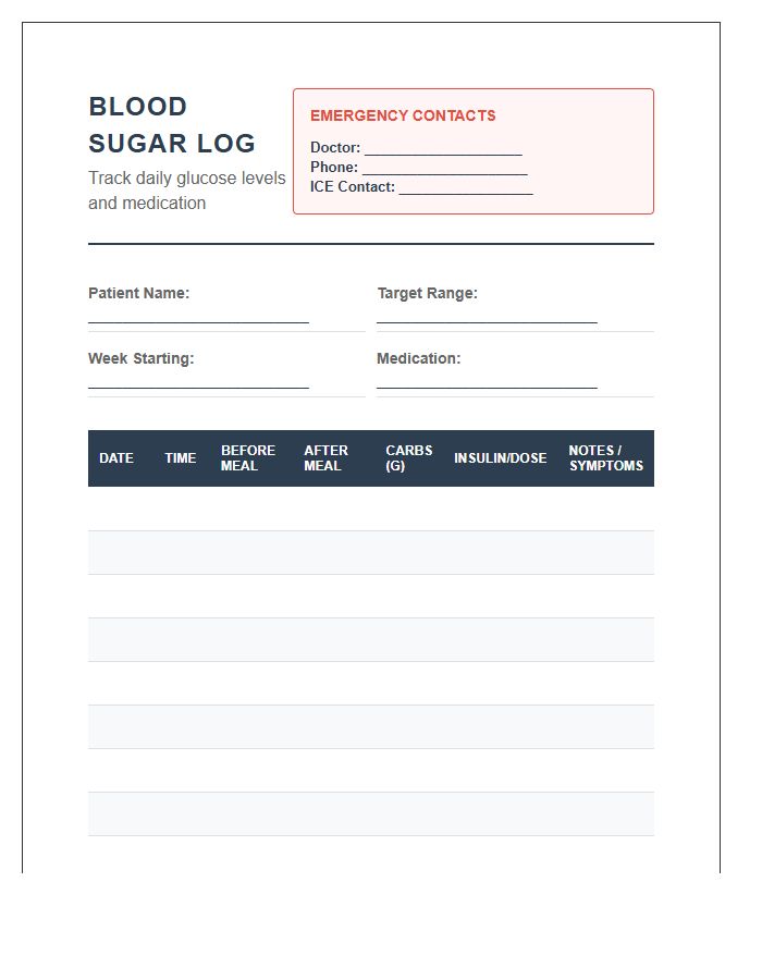 Emergency Contact Printable Blood Sugar Log Chart