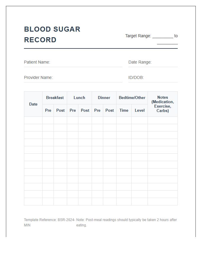 Health Provider Printable Blood Sugar Record Chart