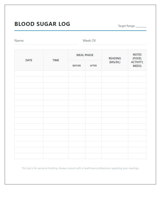 Simple Printable Blood Sugar Level Log Chart