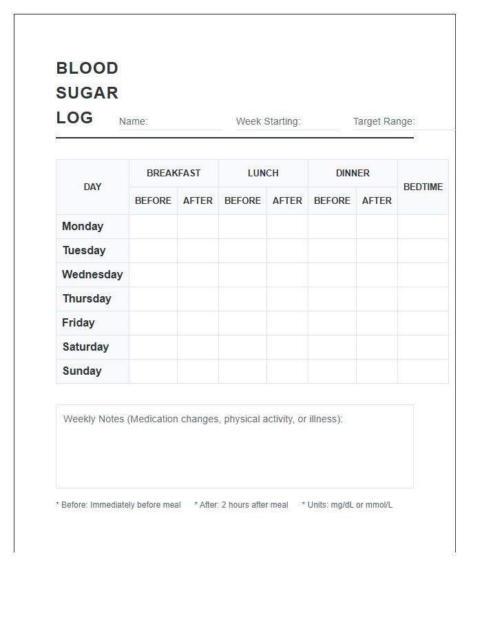 Weekly Printable Blood Sugar Monitoring Chart