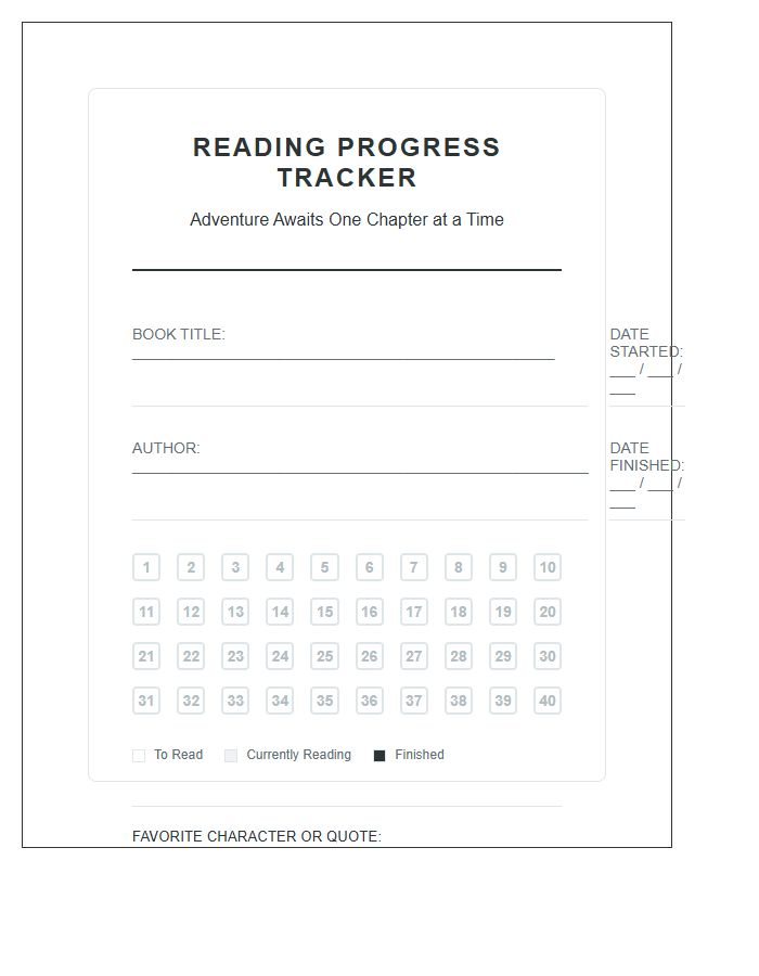 Chapter Book Reading Progress Chart Printable