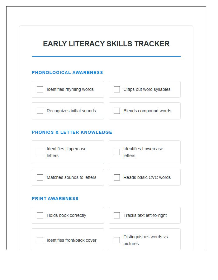 Early Literacy Reading Skills Chart Printable