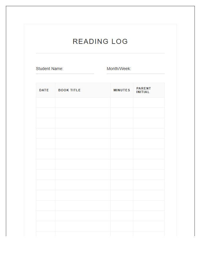 Elementary Student Reading Log Chart Printable
