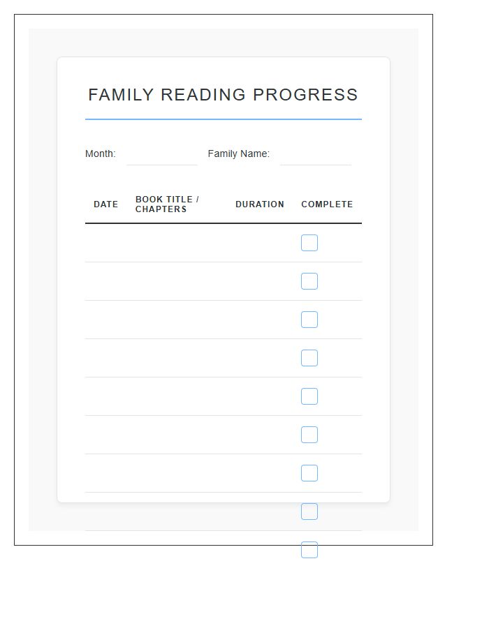 Family Reading Time Progress Chart Printable