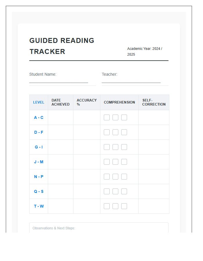 Guided Reading Level Tracker Chart Printable