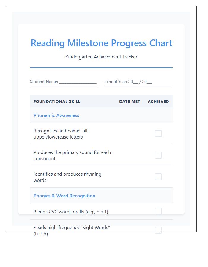 Kindergarten Reading Milestone Progress Chart Printable