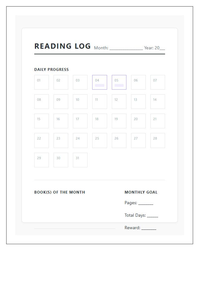 Monthly Reading Habit Progress Chart Printable