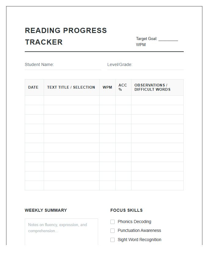 Structured Reading Practice Progress Chart Printable