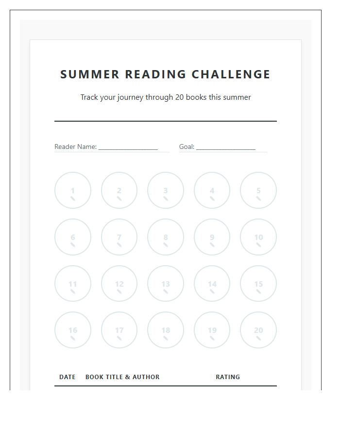 Summer Reading Challenge Progress Chart Printable