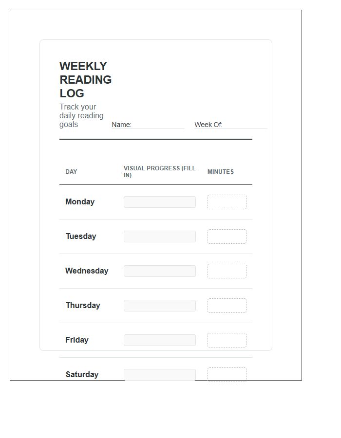 Weekly Reading Minute Progress Chart Printable
