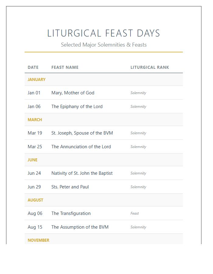 Printable Catholic Feast Days Chart