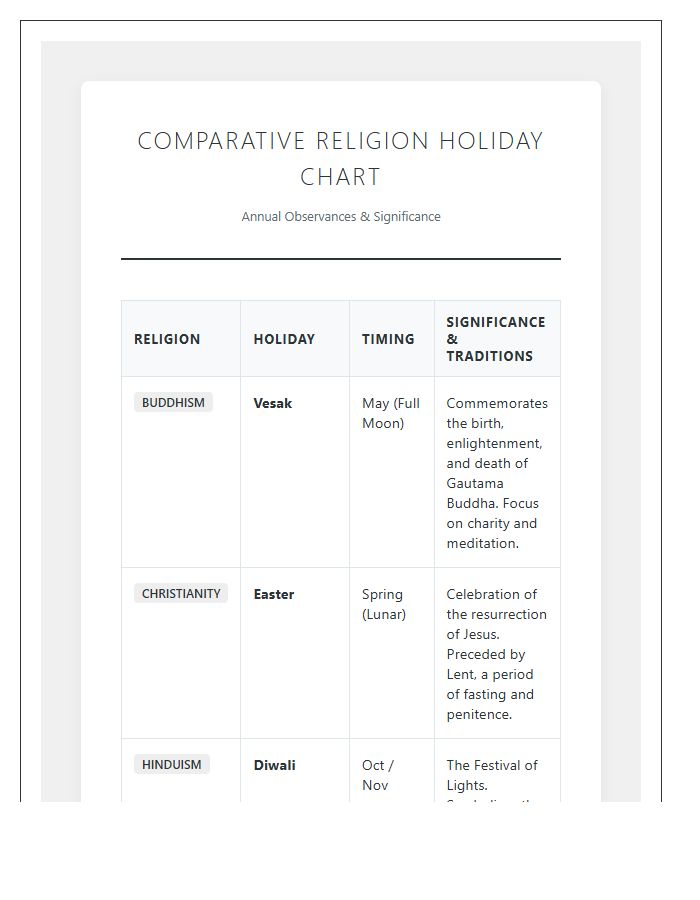 Printable Comparative Religion Holiday Chart