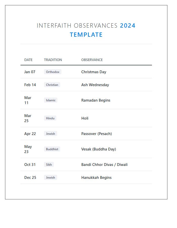 Printable Interfaith Observances Calendar Chart