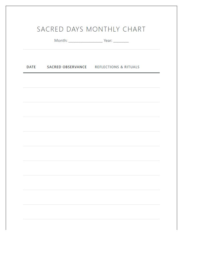 Printable Sacred Days Monthly Chart