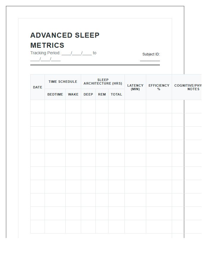 Advanced Sleep Pattern Metrics Printable Chart