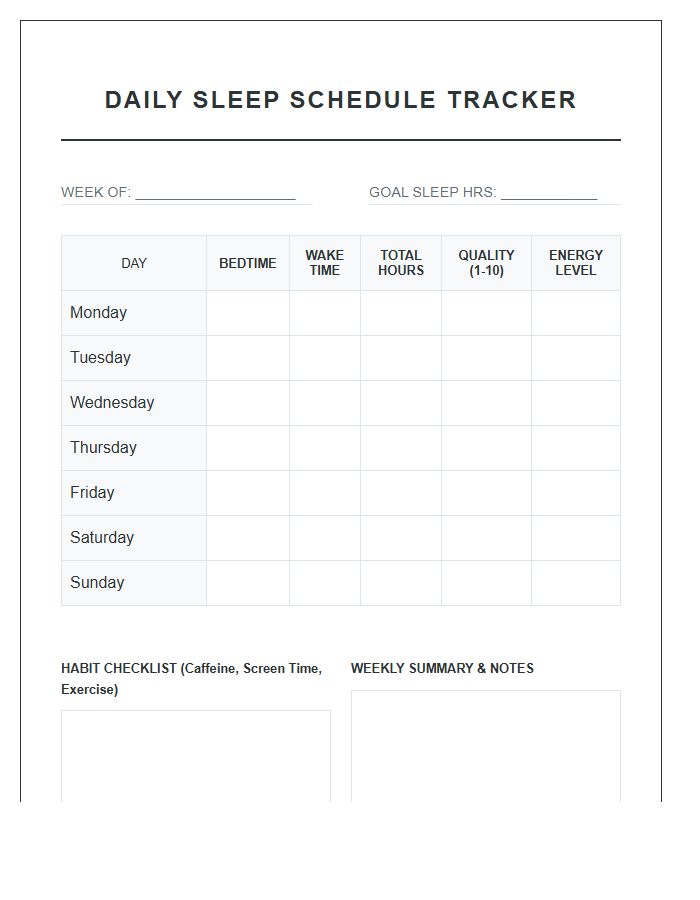 Daily Sleep Schedule Tracker Printable Chart