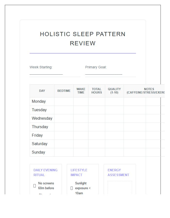 Holistic Sleep Pattern Review Printable Chart