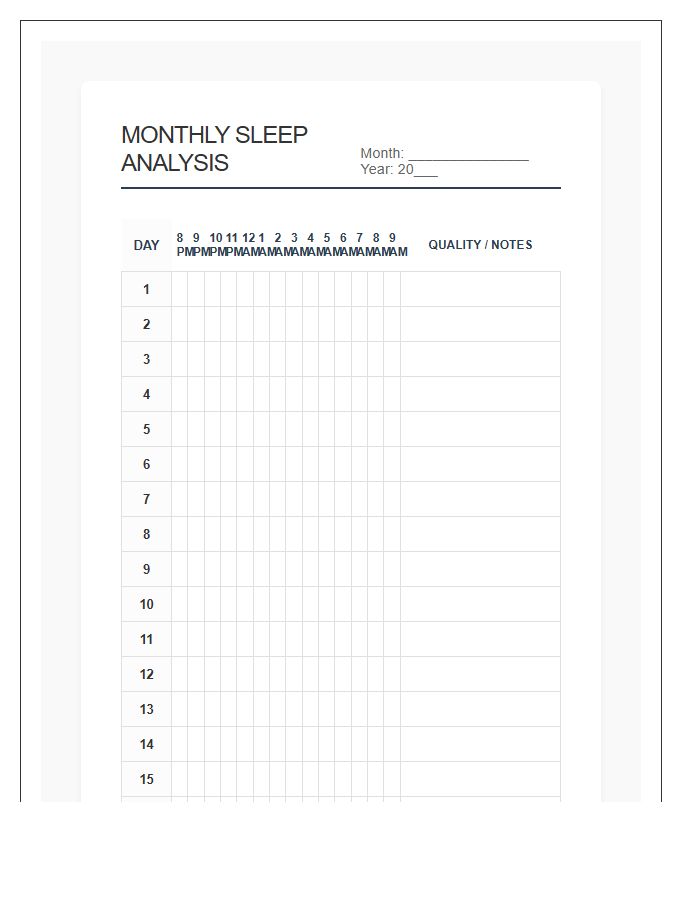 Monthly Sleep Pattern Analysis Printable Chart