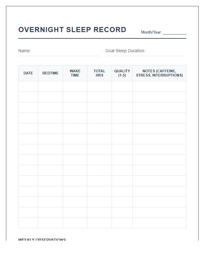 Overnight Sleep Pattern Record Printable Chart