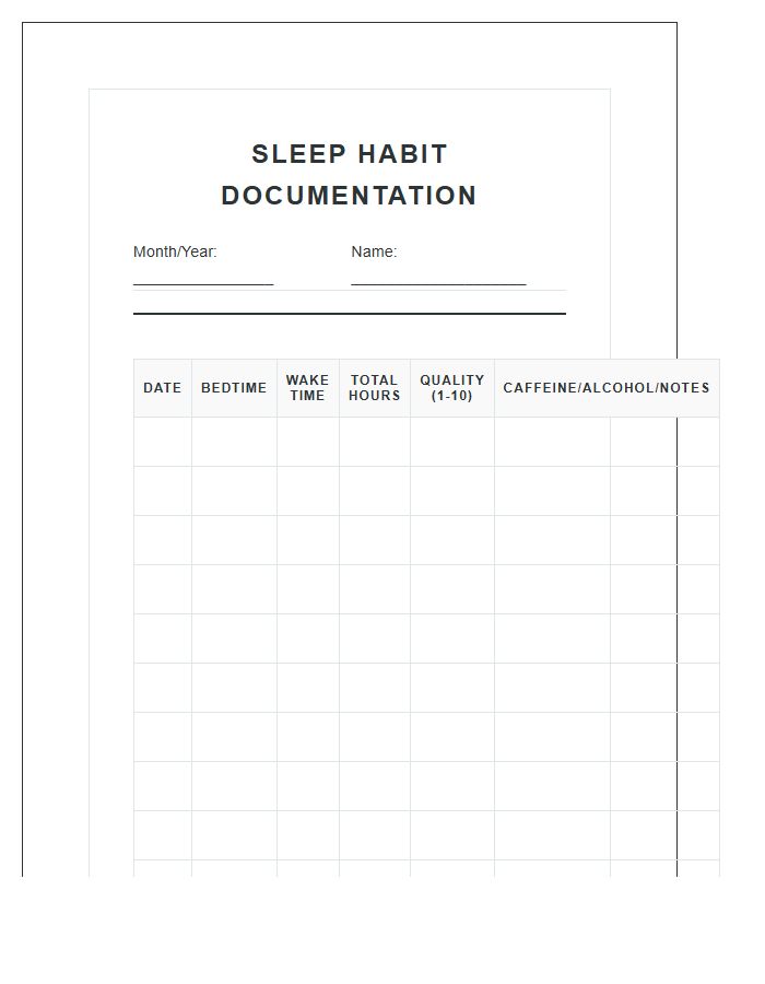 Personal Sleep Habit Documentation Printable Chart