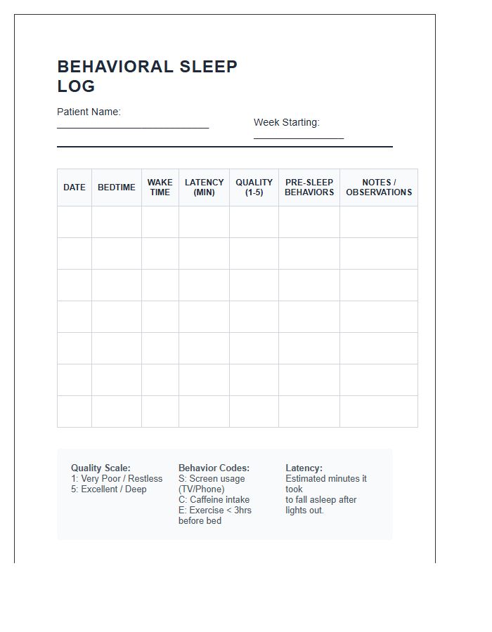 Printable Behavioral Sleep Data Log Chart