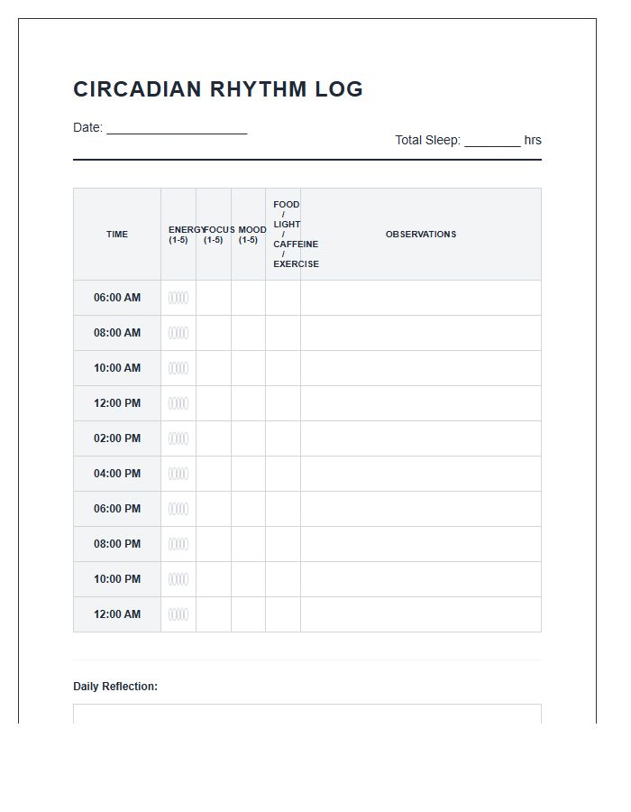 Printable Circadian Rhythm Observation Log Chart