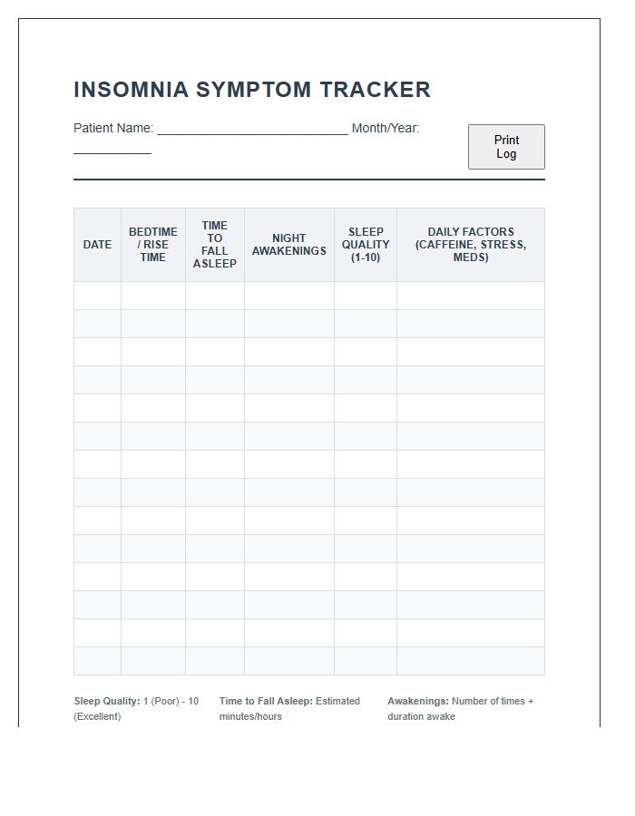 Printable Insomnia Symptom Tracking Log Chart