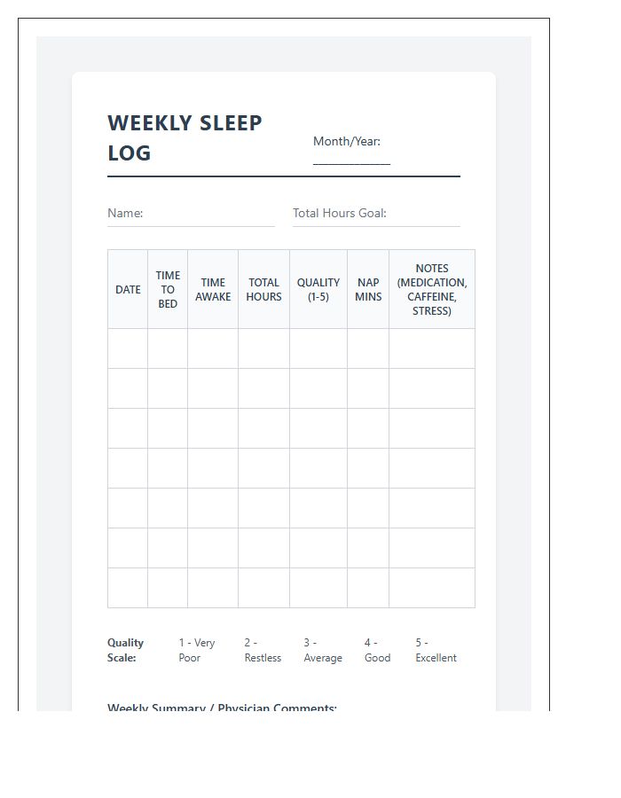Printable Senior Citizen Sleep Log Chart