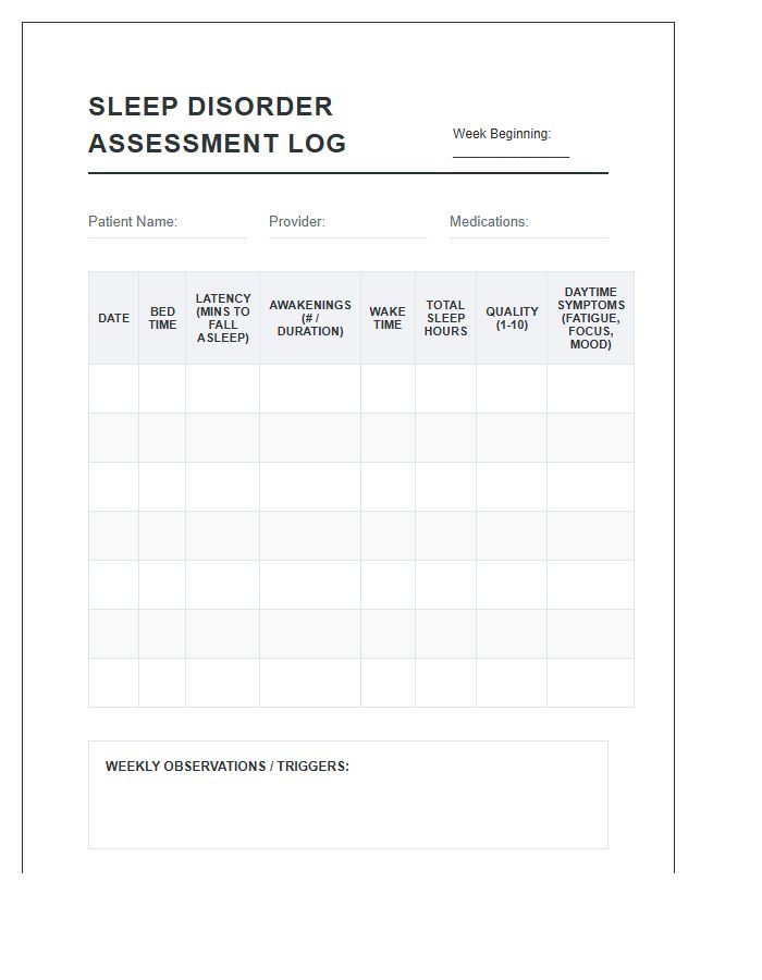 Printable Sleep Disorder Assessment Log Chart