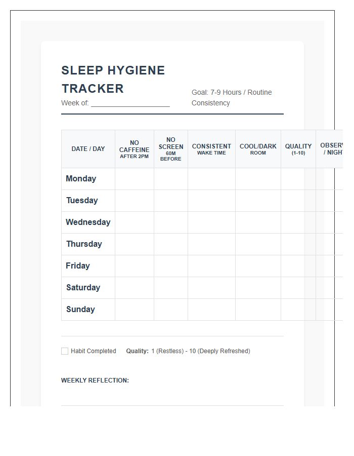 Printable Sleep Hygiene Progress Tracking Chart