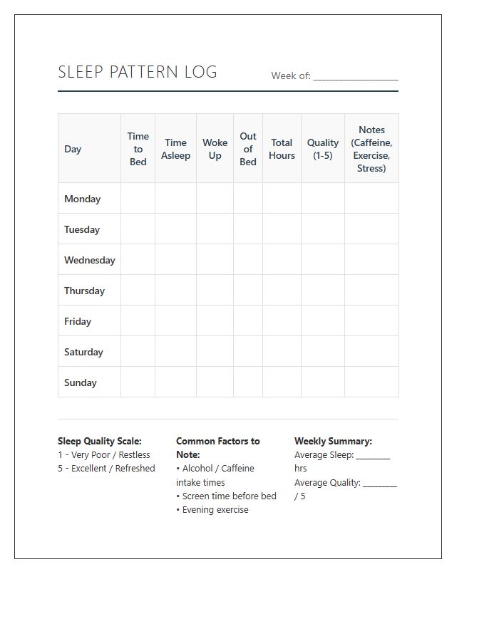 Printable Sleep Pattern Log Chart For Adults