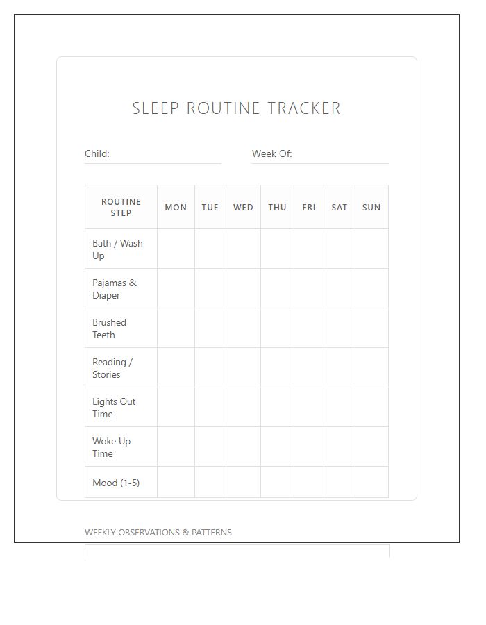 Toddler Sleep Routine Monitoring Printable Chart