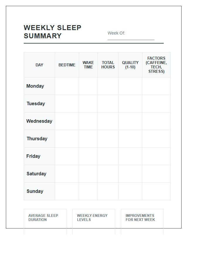 Weekly Sleep Pattern Summary Printable Chart