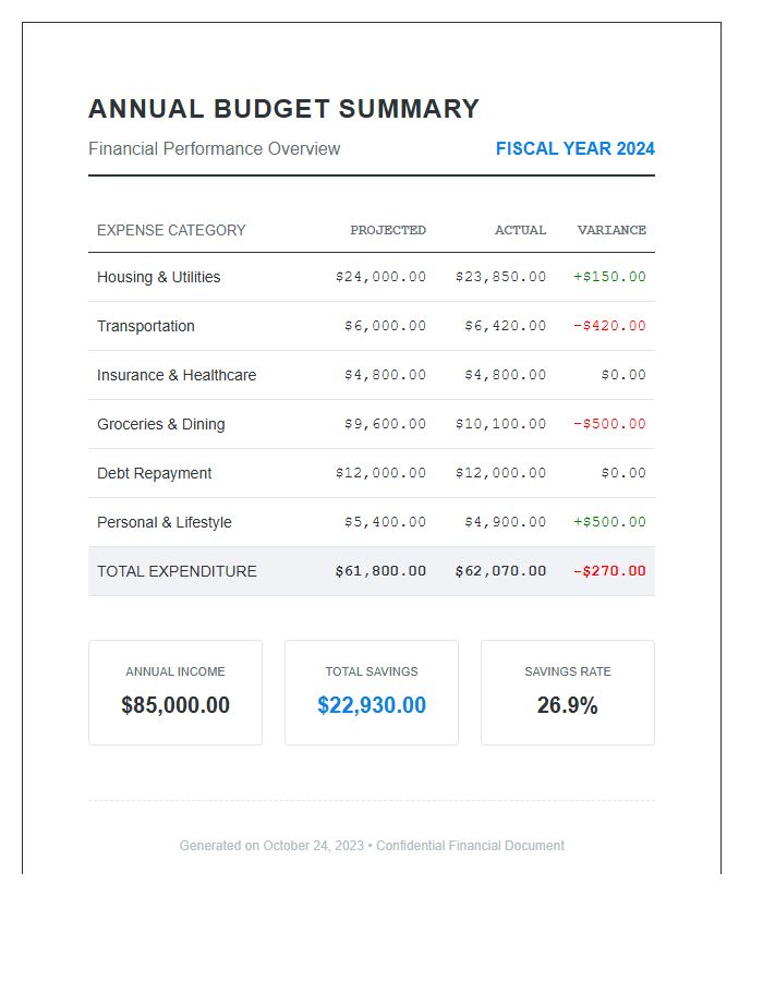 Annual Budget Summary Printable Chart