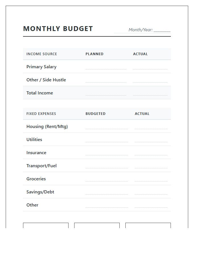 Basic Monthly Budget Printable Chart