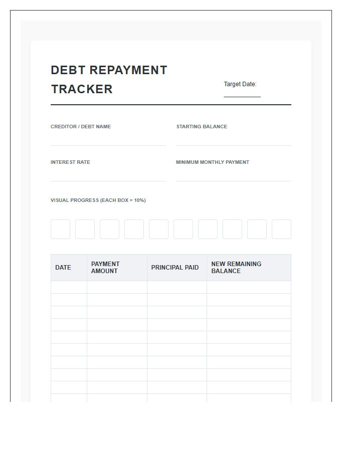 Debt Repayment Progress Printable Chart
