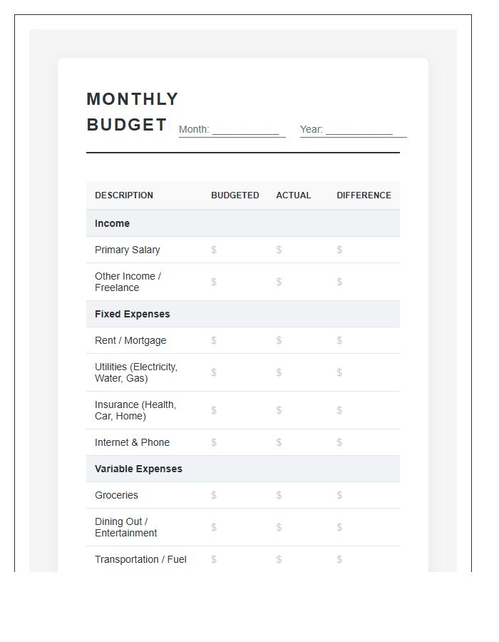 Detailed Monthly Budget Tracking Printable Chart
