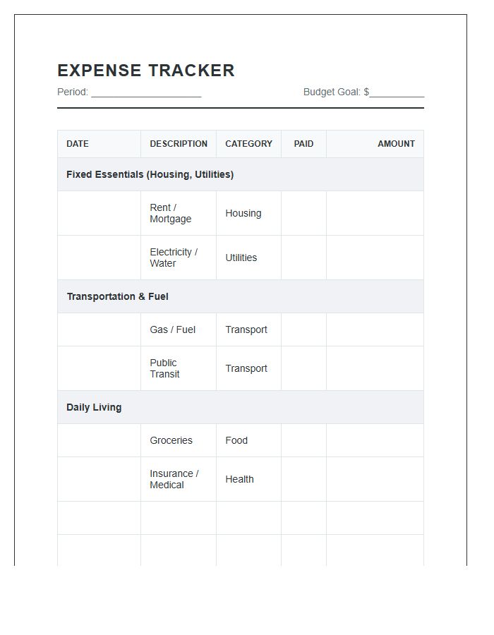 Essential Expense Tracking Printable Chart