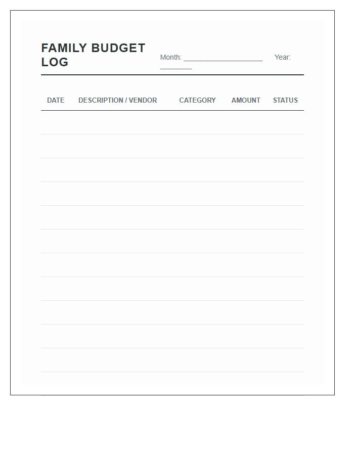 Family Budget Expense Log Printable Chart