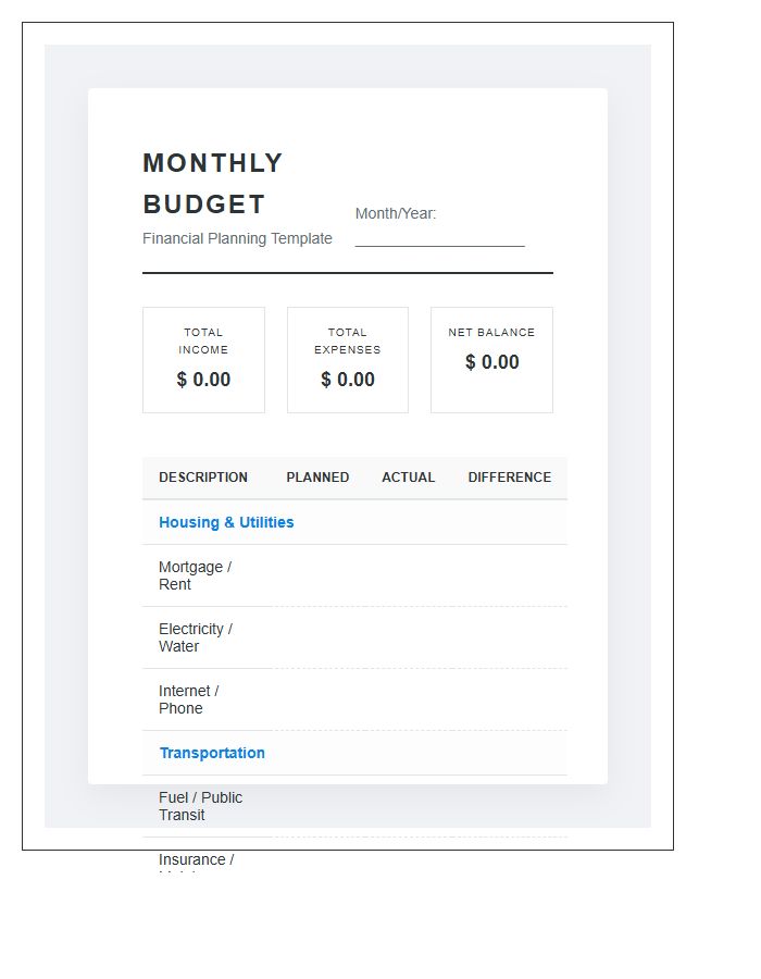 Financial Planning Monthly Budget Printable Chart