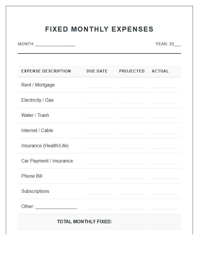 Fixed Monthly Expenses Printable Chart
