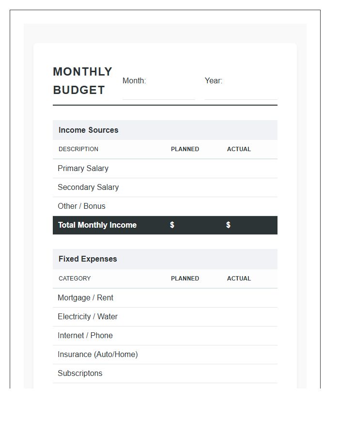 Home Budgeting Monthly Printable Chart