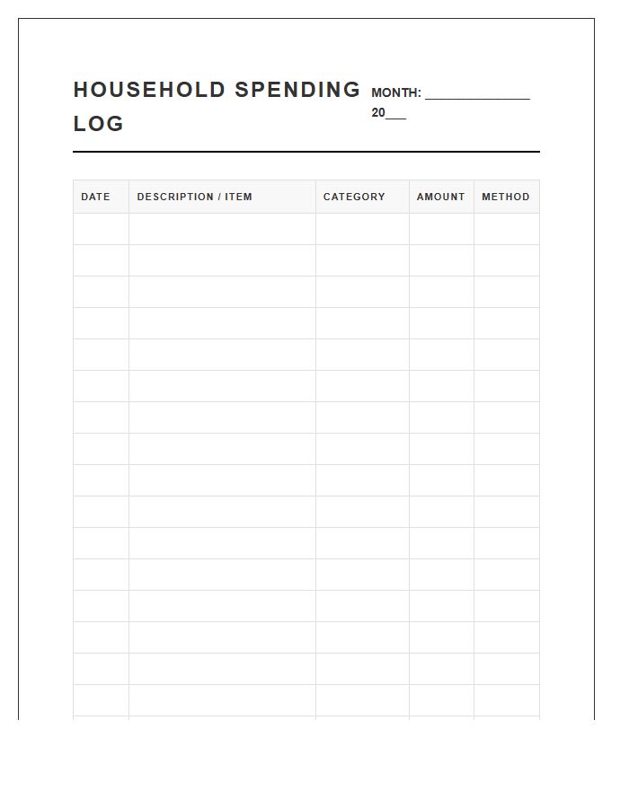 Household Spending Log Printable Chart