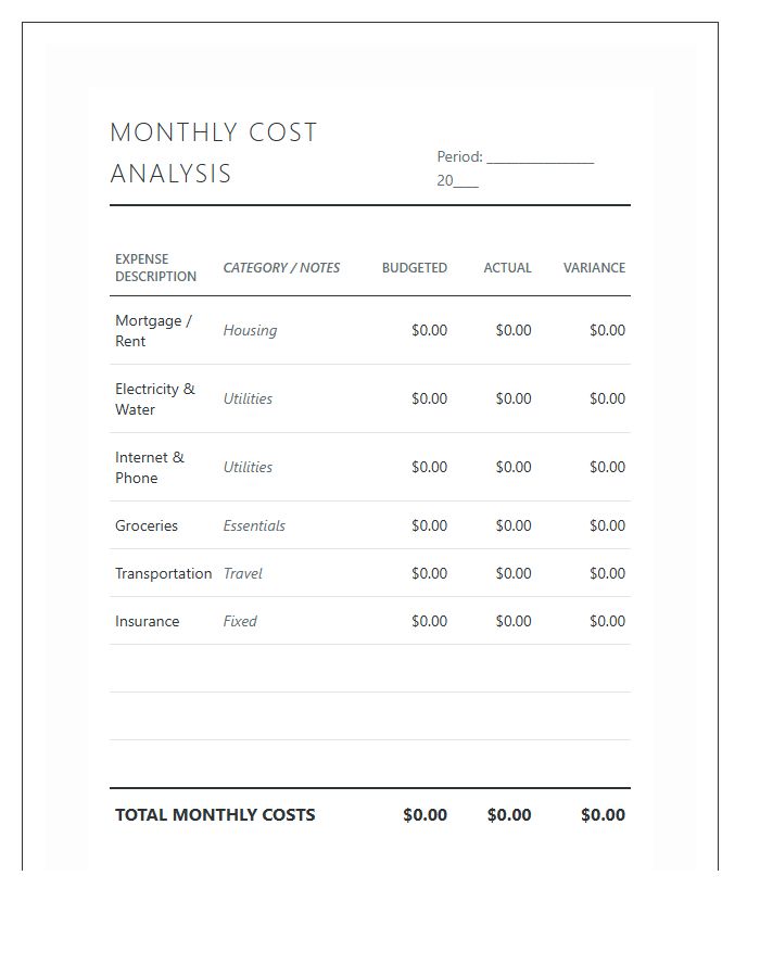 Monthly Cost Analysis Printable Chart