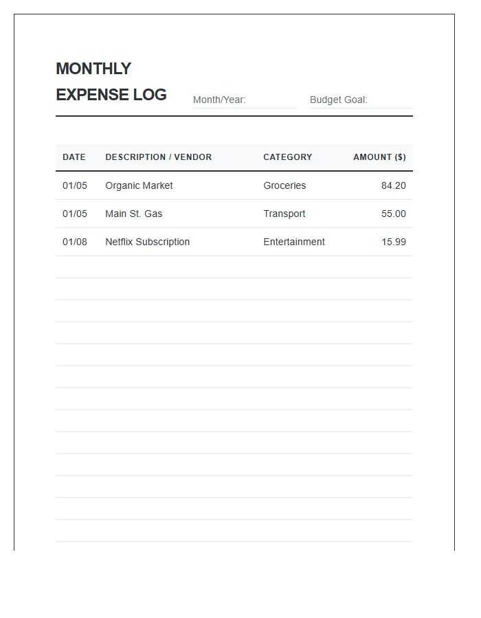 Monthly Expense Log Printable Tracking Chart