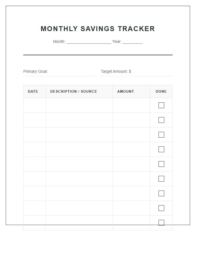 Monthly Savings Goals Printable Chart