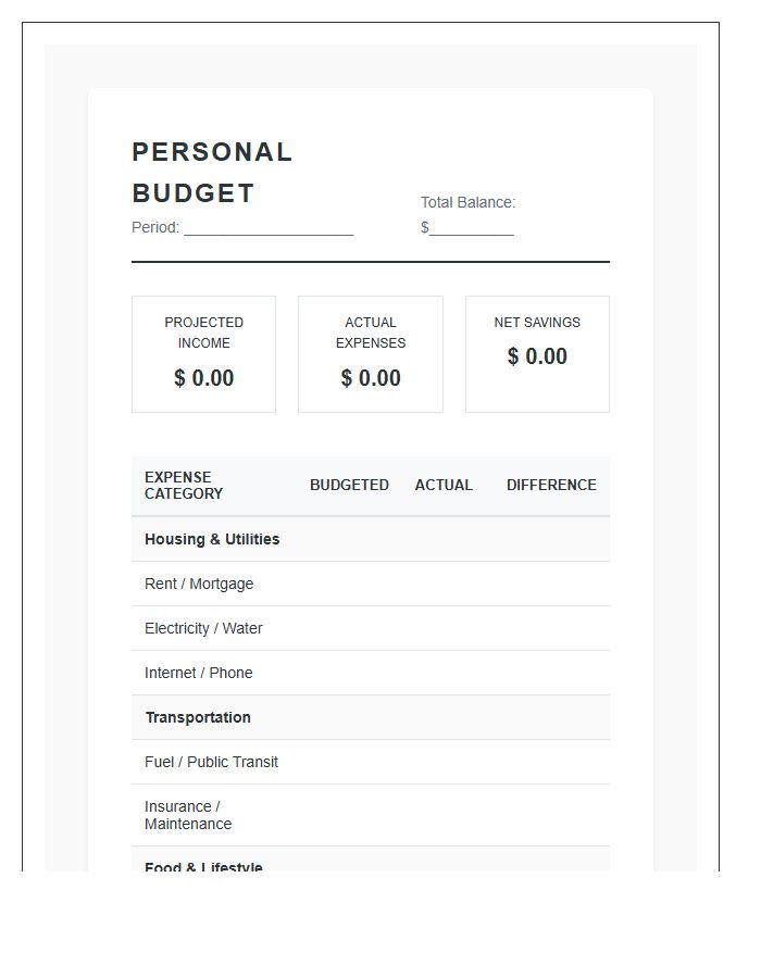 Personal Budget Management Printable Chart