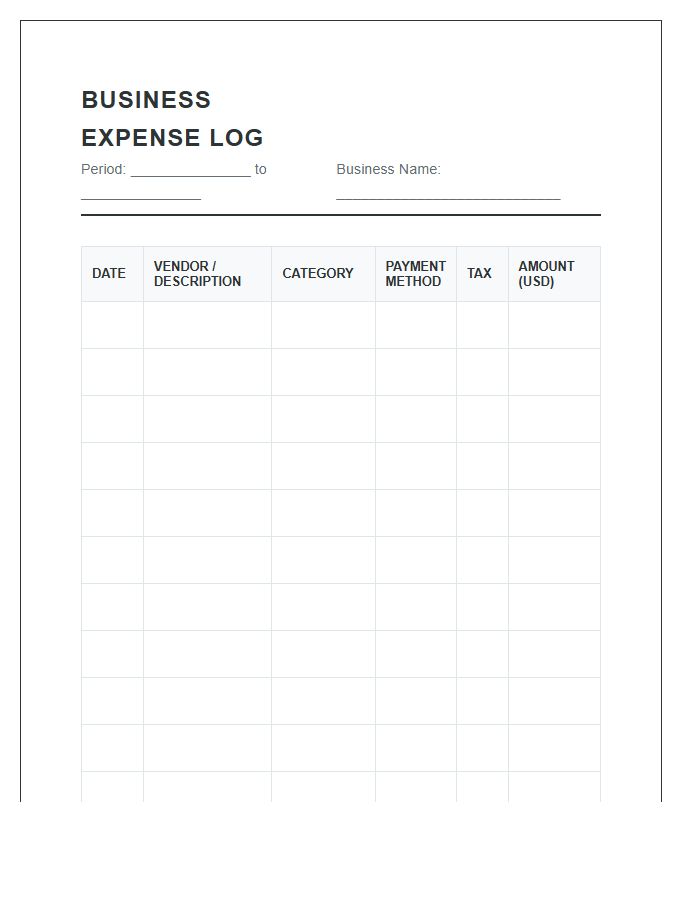 Small Business Expense Log Printable Chart